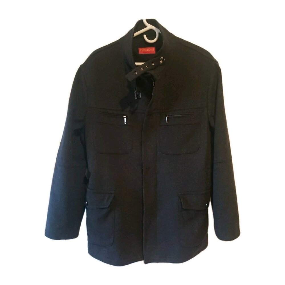 Mantoni Men's Car Coat Wool Cashmere Blend Black Size M Italy Full Zip